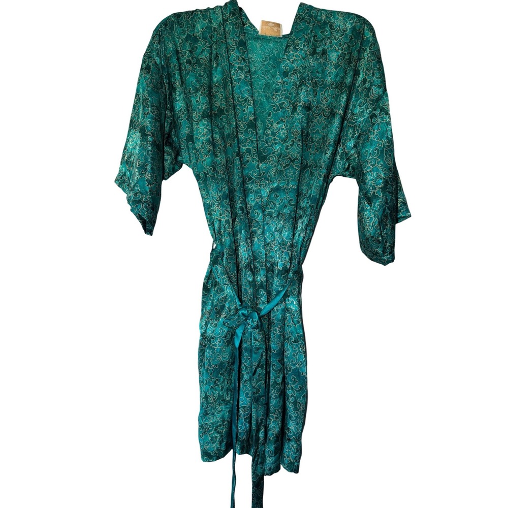 Inner Most vintage Teal Green Gold Damask Satin Kimono Robe Tie Waist OS